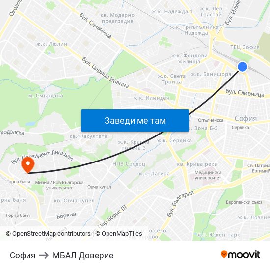 София to МБАЛ Доверие map