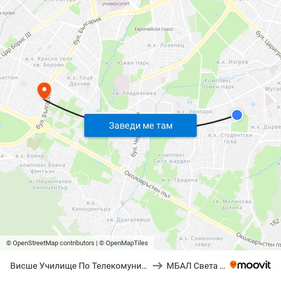 Висше Училище По Телекомуникации / University Of Telecommunications And Post (1397) to МБАЛ Свeта София (St. Sofia Hospital) map