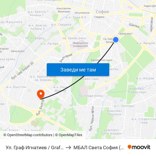 Ул. Граф Игнатиев / Graf Ignatiev St. (1914) to МБАЛ Свeта София (St. Sofia Hospital) map