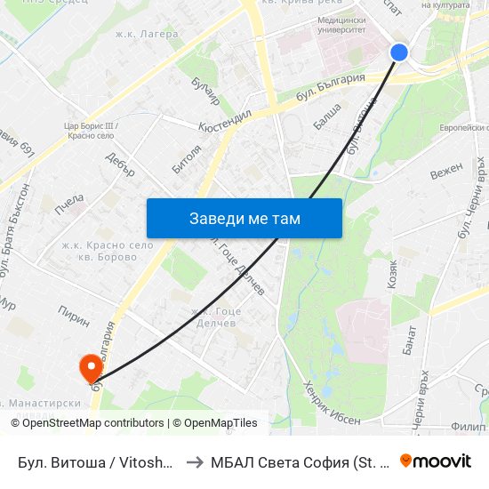 Бул. Витоша / Vitosha Blvd. (0302) to МБАЛ Свeта София (St. Sofia Hospital) map