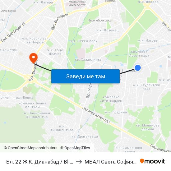 Бл. 22 Ж.К. Дианабад / Bl. 22, Dianabad Qr. (0124) to МБАЛ Свeта София (St. Sofia Hospital) map