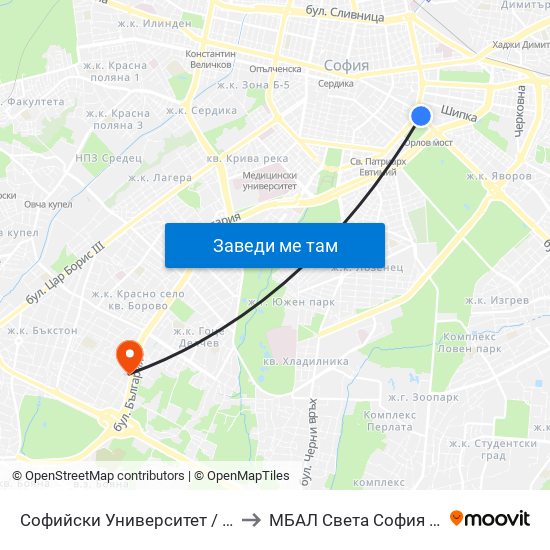 Софийски Университет / Sofia University (1700) to МБАЛ Свeта София (St. Sofia Hospital) map