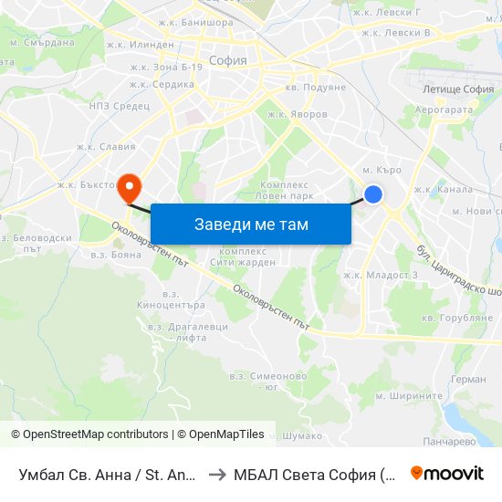 Умбал Св. Анна / St. Anna Hospital (1196) to МБАЛ Свeта София (St. Sofia Hospital) map