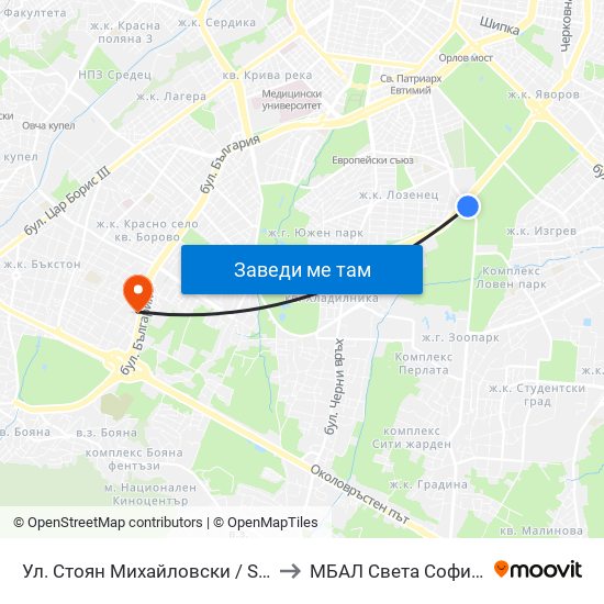 Ул. Стоян Михайловски / Stoyan Mihaylovski St. (2191) to МБАЛ Свeта София (St. Sofia Hospital) map