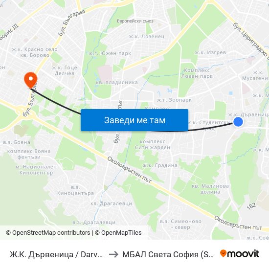 Ж.К. Дървеница / Darvenitsa Qr. (0800) to МБАЛ Свeта София (St. Sofia Hospital) map