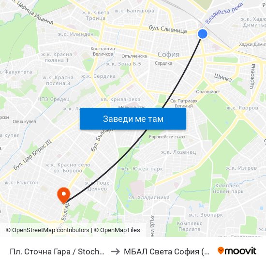 Пл. Сточна Гара / Stochna Gara Sq. (1316) to МБАЛ Свeта София (St. Sofia Hospital) map