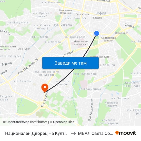 Национален Дворец На Културата / National Palace Of Culture (1136) to МБАЛ Свeта София (St. Sofia Hospital) map