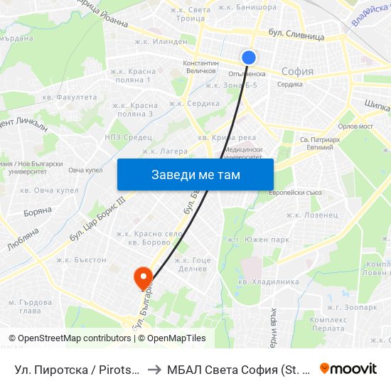 Ул. Пиротска / Pirotska St. (2111) to МБАЛ Свeта София (St. Sofia Hospital) map