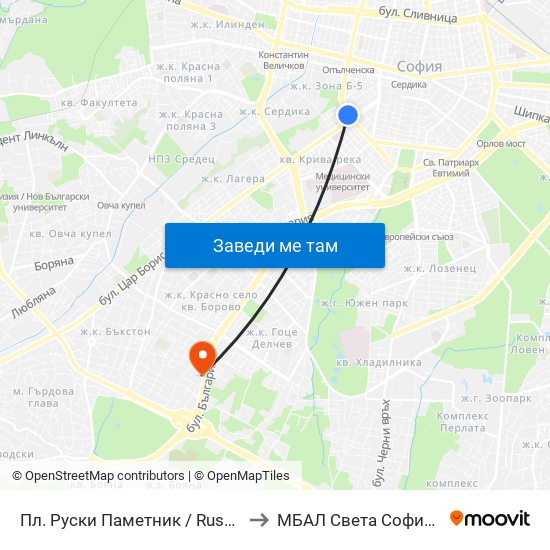 Пл. Руски Паметник / Russian Monument Sq. (1295) to МБАЛ Свeта София (St. Sofia Hospital) map