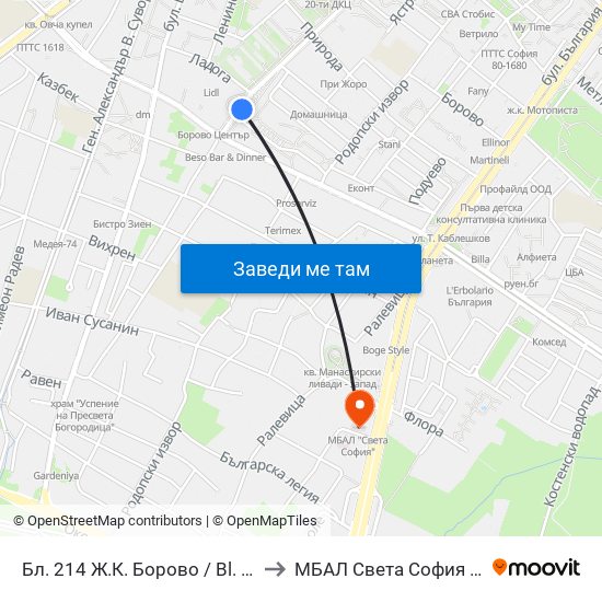 Бл. 214 Ж.К. Борово / Bl. 214, Borovo Qr. (0164) to МБАЛ Свeта София (St. Sofia Hospital) map