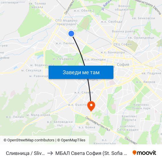 Сливница / Slivnitsa to МБАЛ Свeта София (St. Sofia Hospital) map
