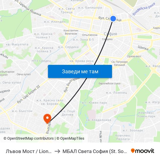 Лъвов Мост / Lions' Bridge to МБАЛ Свeта София (St. Sofia Hospital) map