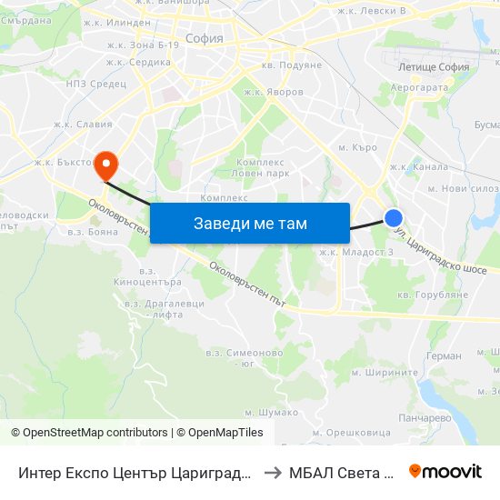 Интер Експо Център Цариградско Шосе / Inter Expo Center – Tsarigradsko Shose to МБАЛ Свeта София (St. Sofia Hospital) map