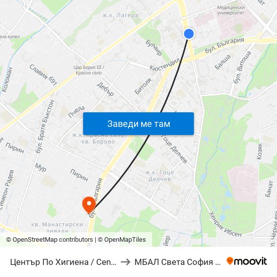 Център По Хигиена / Centre Of Hygiene (2342) to МБАЛ Свeта София (St. Sofia Hospital) map