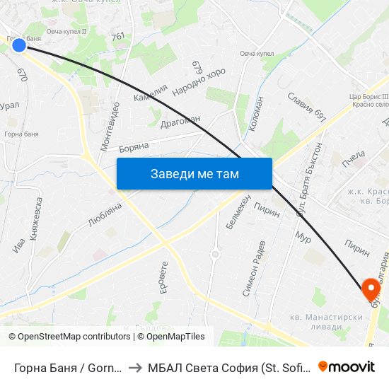 Горна Баня / Gorna Banya to МБАЛ Свeта София (St. Sofia Hospital) map