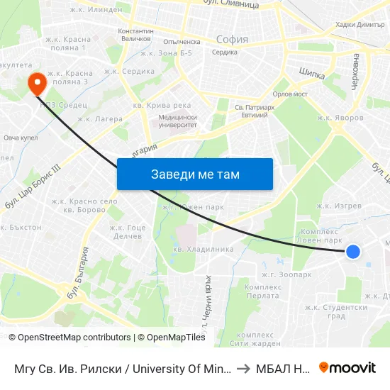 🎓 Минно-Геоложки Университет / University Of Mining And Geology (1033) to МБАЛ Надежда map