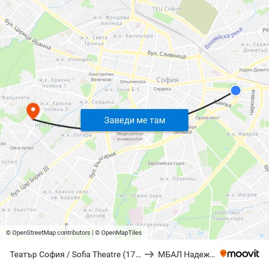 Театър София / Sofia Theatre (1727) to МБАЛ Надежда map