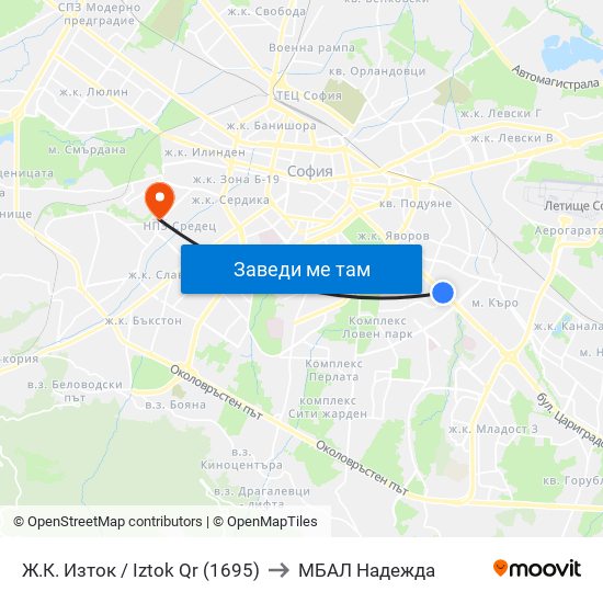 Ж.К. Изток / Iztok Qr (1695) to МБАЛ Надежда map