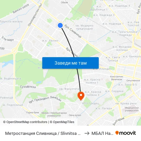 Ⓜ️ Метростанция Сливница / Slivnitsa Metro Station (1063) to МБАЛ Надежда map