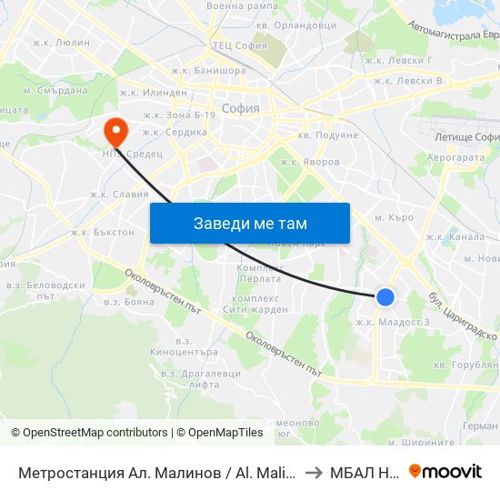 Метростанция Ал. Малинов / Al. Malinov Metro Station (0170) to МБАЛ Надежда map