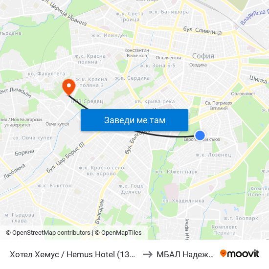 Хотел Хемус / Hemus Hotel (1325) to МБАЛ Надежда map