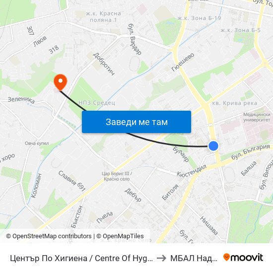 Център По Хигиена / Centre Of Hygiene (2343) to МБАЛ Надежда map