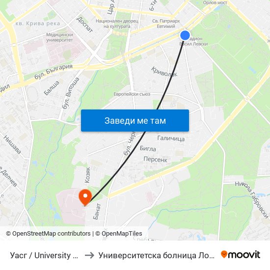 Уасг / University Of Architecture (0387) to Университетска болница Лозенец (University hospital Lozenets) map