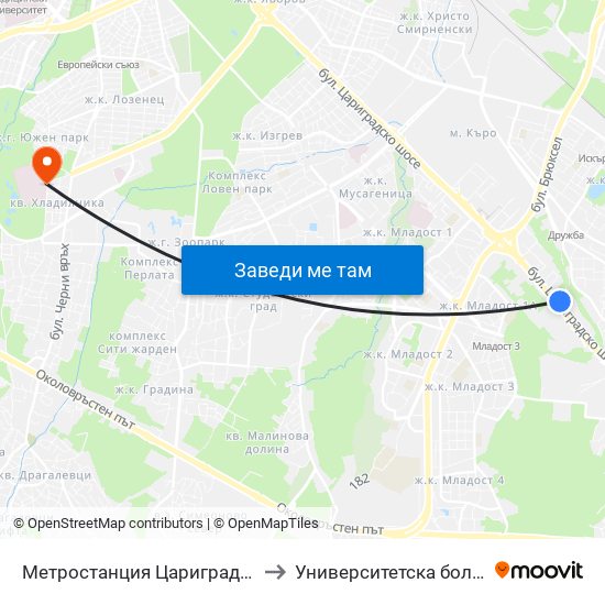 Метростанция Цариградско Шосе / Tsarigradsko Shosse Metro Station (1016) to Университетска болница Лозенец (University hospital Lozenets) map