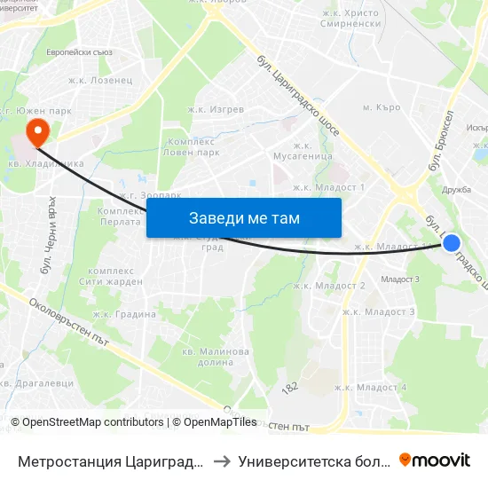Ⓜ️ Метростанция Цариградско Шосе / Tsarigradsko Shosse Metro Station (1016) to Университетска болница Лозенец (University hospital Lozenets) map