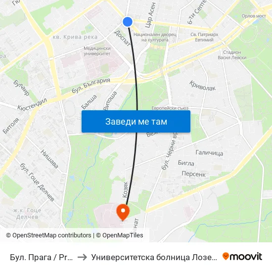Бул. Прага / Prague Blvd. (0365) to Университетска болница Лозенец (University hospital Lozenets) map