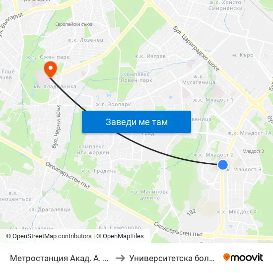 Ⓜ️ Метростанция Акад. Александър Теодоров - Балан / Akademik Aleksandar Teodorov - Balan Metro Station (1917) to Университетска болница Лозенец (University hospital Lozenets) map