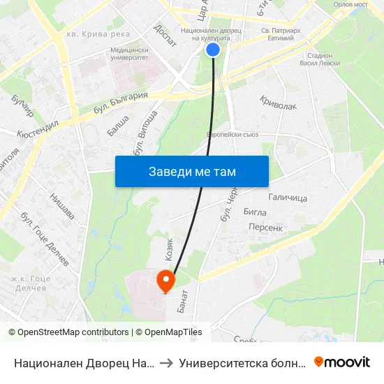 Ⓜ️ Национален Дворец На Културата / National Palace Of Culture (1139) to Университетска болница Лозенец (University hospital Lozenets) map