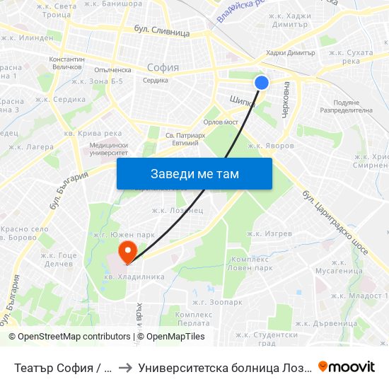 Театър София / Sofia Theatre (1727) to Университетска болница Лозенец (University hospital Lozenets) map