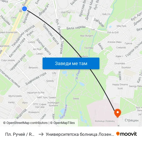 Пл. Ручей / Ruchey Sq. (1301) to Университетска болница Лозенец (University hospital Lozenets) map