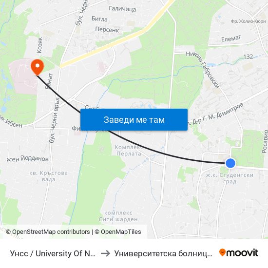 Унсс / University Of National And World Economy (1691) to Университетска болница Лозенец (University hospital Lozenets) map