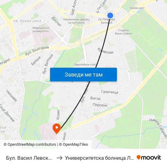 Бул. Васил Левски / Vasil Levski Blvd. (0299) to Университетска болница Лозенец (University hospital Lozenets) map