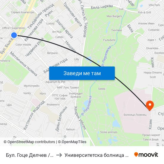 Бул. Гоце Делчев / Gotse Delchev Blvd. (0308) to Университетска болница Лозенец (University hospital Lozenets) map