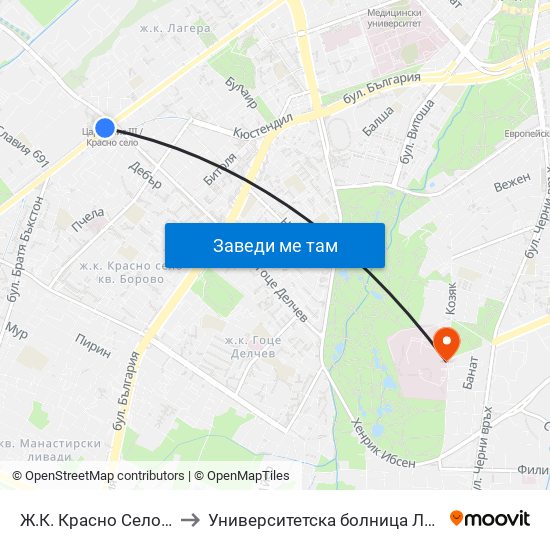 Ж.К. Красно Село / Krasno Selo Qr. (0638) to Университетска болница Лозенец (University hospital Lozenets) map
