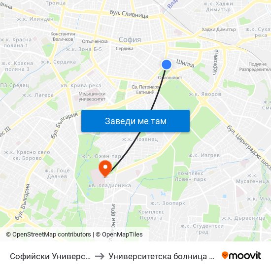 Софийски Университет / Sofia University (1700) to Университетска болница Лозенец (University hospital Lozenets) map