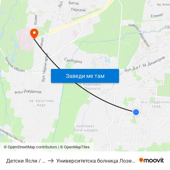 Детски Ясли / Nurseries (0534) to Университетска болница Лозенец (University hospital Lozenets) map