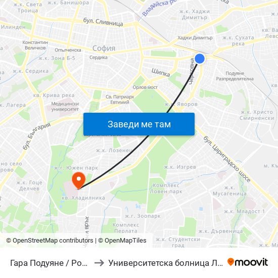 Гара Подуяне / Poduyane Train Station (0468) to Университетска болница Лозенец (University hospital Lozenets) map