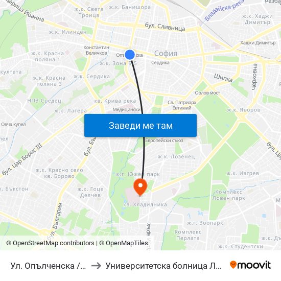 Ул. Опълченска / Opalchenska St. (2085) to Университетска болница Лозенец (University hospital Lozenets) map