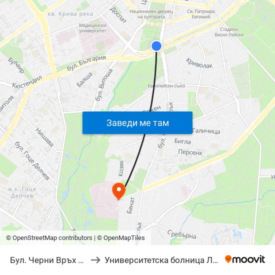 Бул. Черни Връх / Cherni Vrah Blvd. (0395) to Университетска болница Лозенец (University hospital Lozenets) map