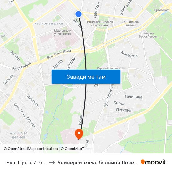 Бул. Прага / Prague Blvd. (0366) to Университетска болница Лозенец (University hospital Lozenets) map