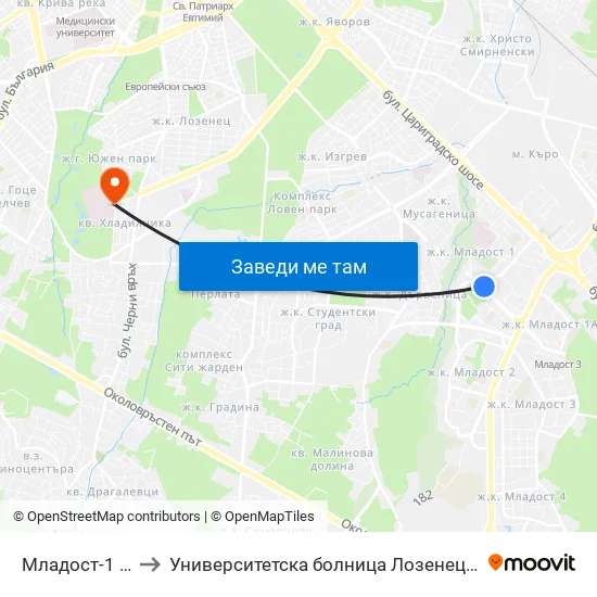 Младост 1 / Mladost 1 to Университетска болница Лозенец (University hospital Lozenets) map
