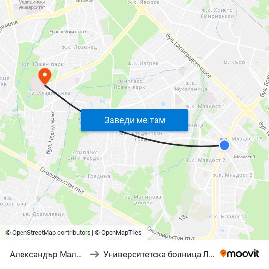 Александър Малинов / Aleksandar Malinov to Университетска болница Лозенец (University hospital Lozenets) map