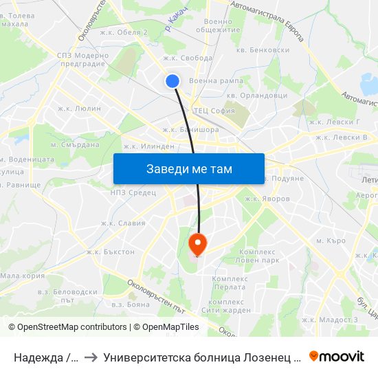 Надежда / Nadezhda to Университетска болница Лозенец (University hospital Lozenets) map