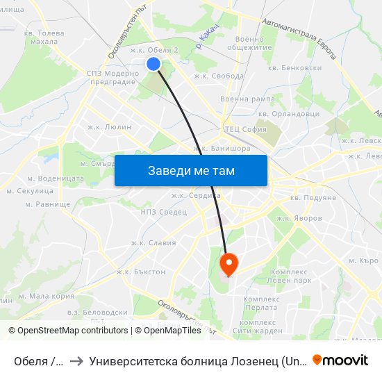 Обеля / Obelya to Университетска болница Лозенец (University hospital Lozenets) map