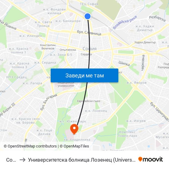 София to Университетска болница Лозенец (University hospital Lozenets) map