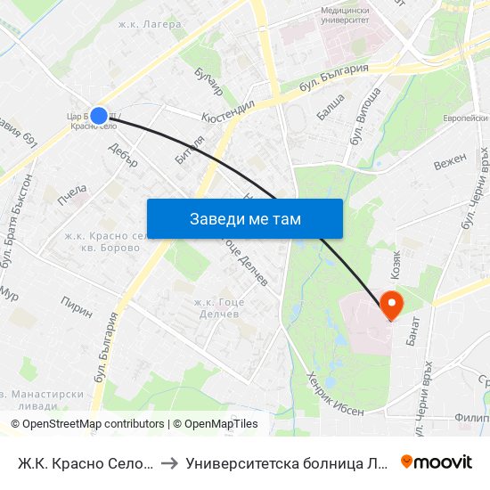 Ж.К. Красно Село / Krasno Selo Qr. (0637) to Университетска болница Лозенец (University hospital Lozenets) map